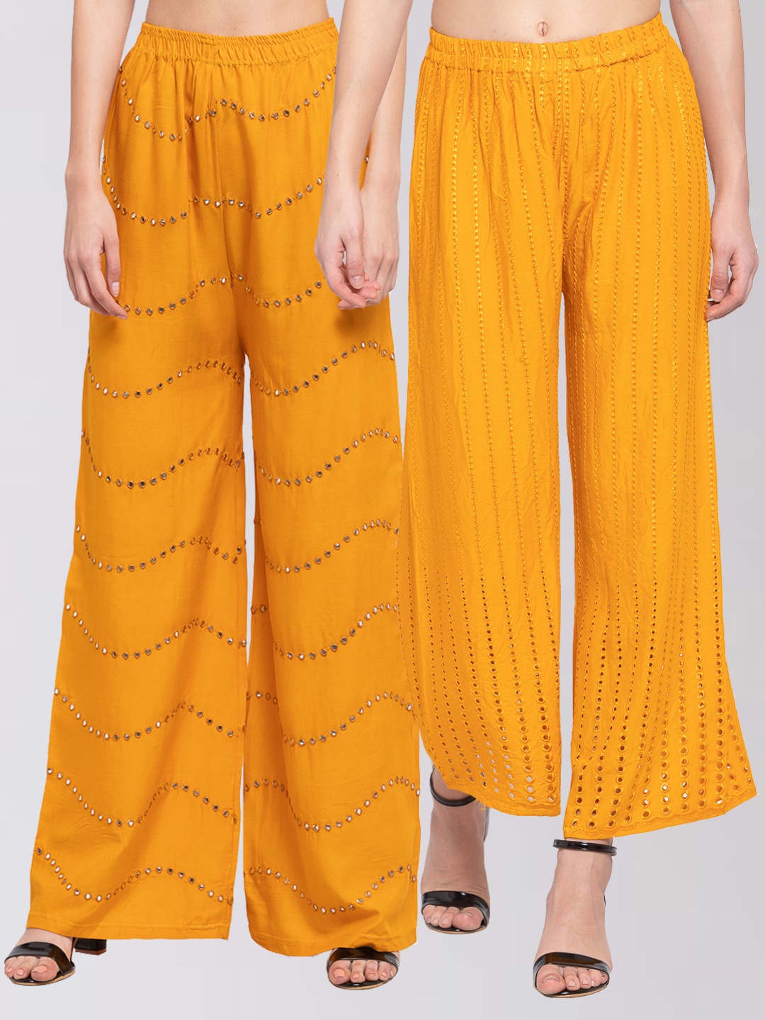 KLOTTHE Women Pack Of 2 Yellow Embellished Wide Leg Palazzos