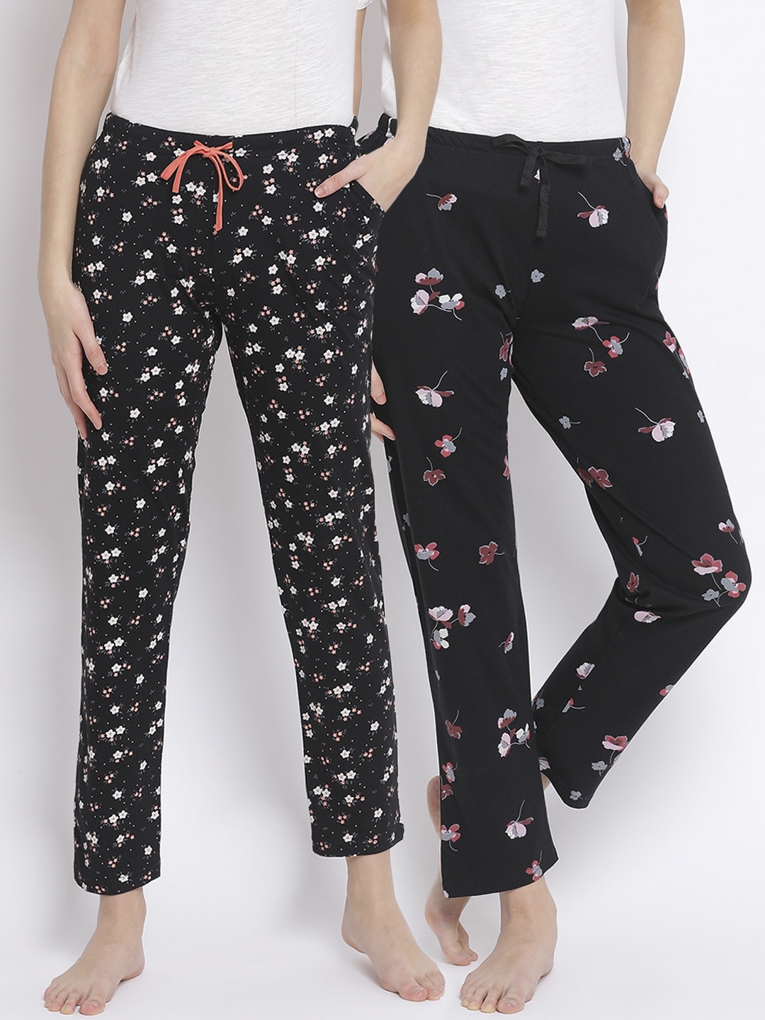 Kanvin Women Pack Of 2 Floral Printed Cotton Lounge Pants, Black