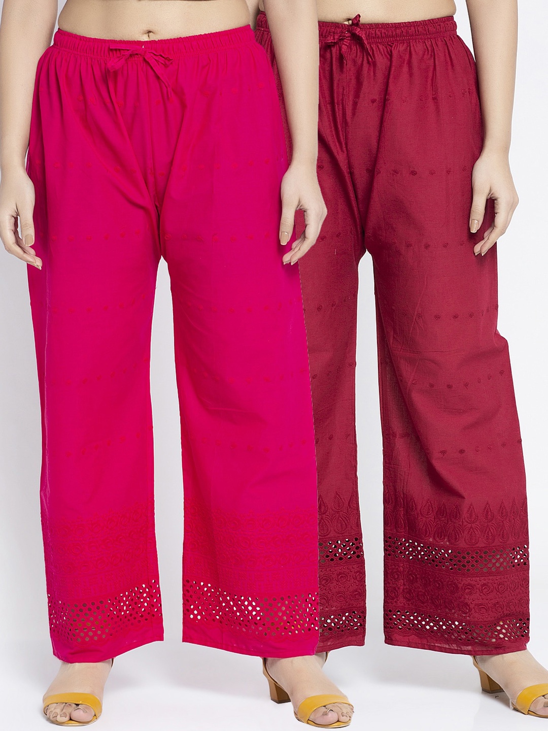 GRACIT Women Pack of 2 Embroidered Wide Leg Palazzos, Pink