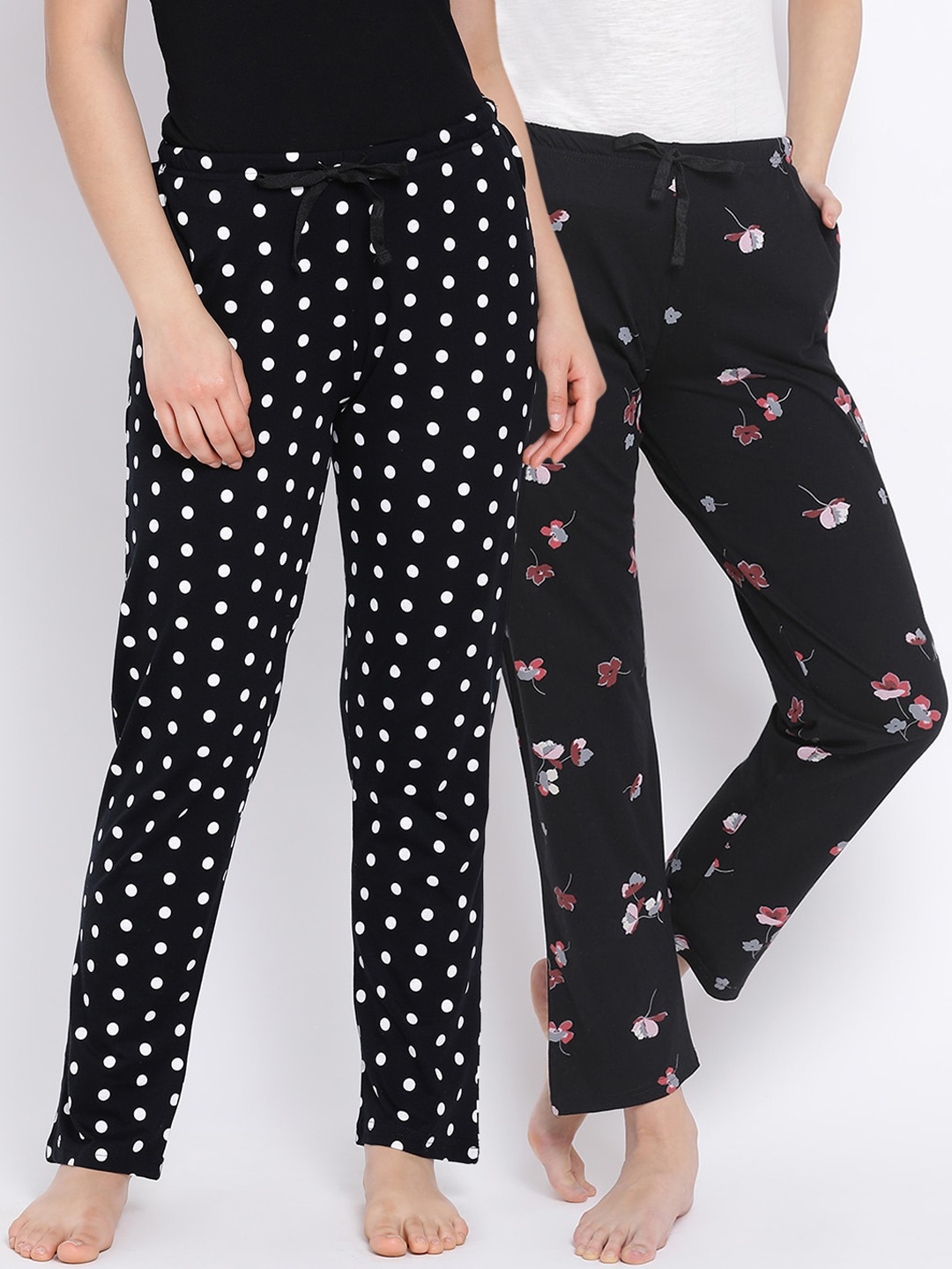 Kanvin Women Pack Of 2 Printed Pure Cotton Lounge Pants, Black