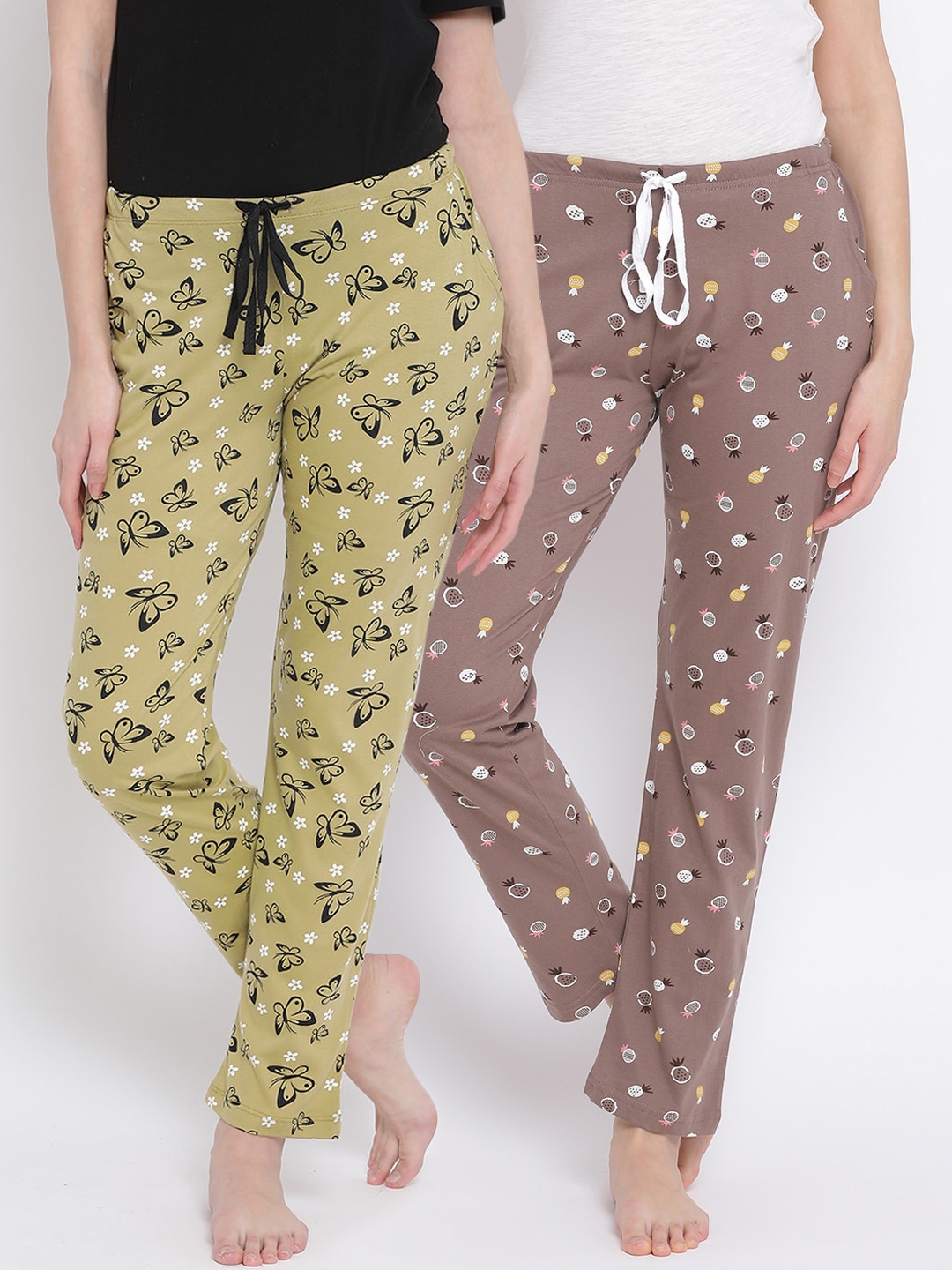 Kanvin Women Pack of 2 Printed Pure Cotton Lounge Pants, Brown