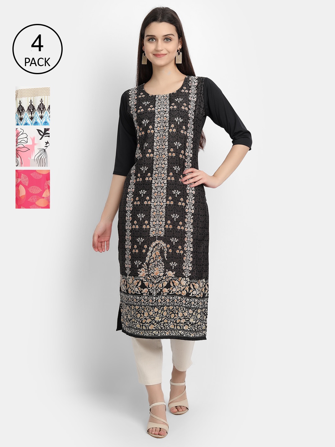 Ethnic basket Pack of 4 Women Multicoloured Ethnic Motifs Printed Crepe Kurta, Multi
Ethnic basket Pack of 4 Women Multicoloured Ethnic Motifs Printed Crepe Kurta, Multi
