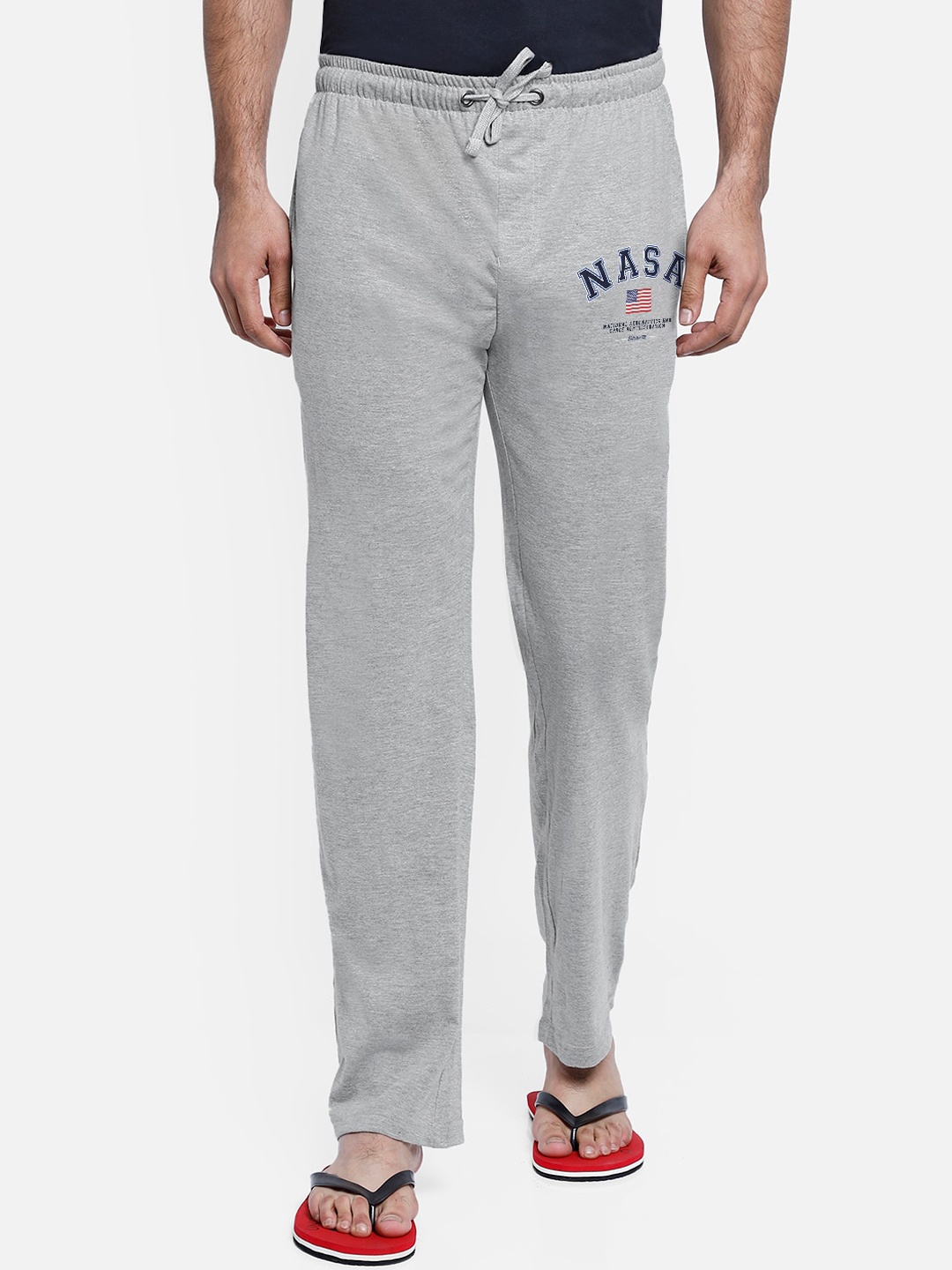 Free Authority Men Grey Melange NASA Printed Cotton Lounge Pants