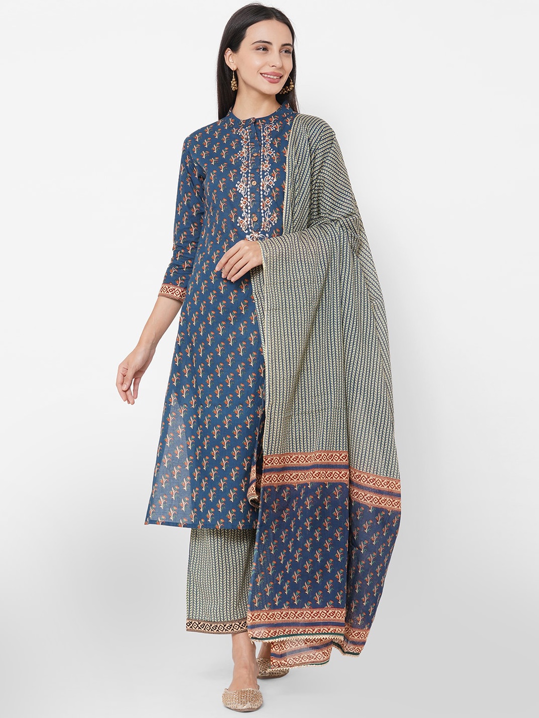 FASHOR Navy Blue & Green Ethnic Motifs A-Line Pure Cotton Kurta with Palazzos & Dupatta