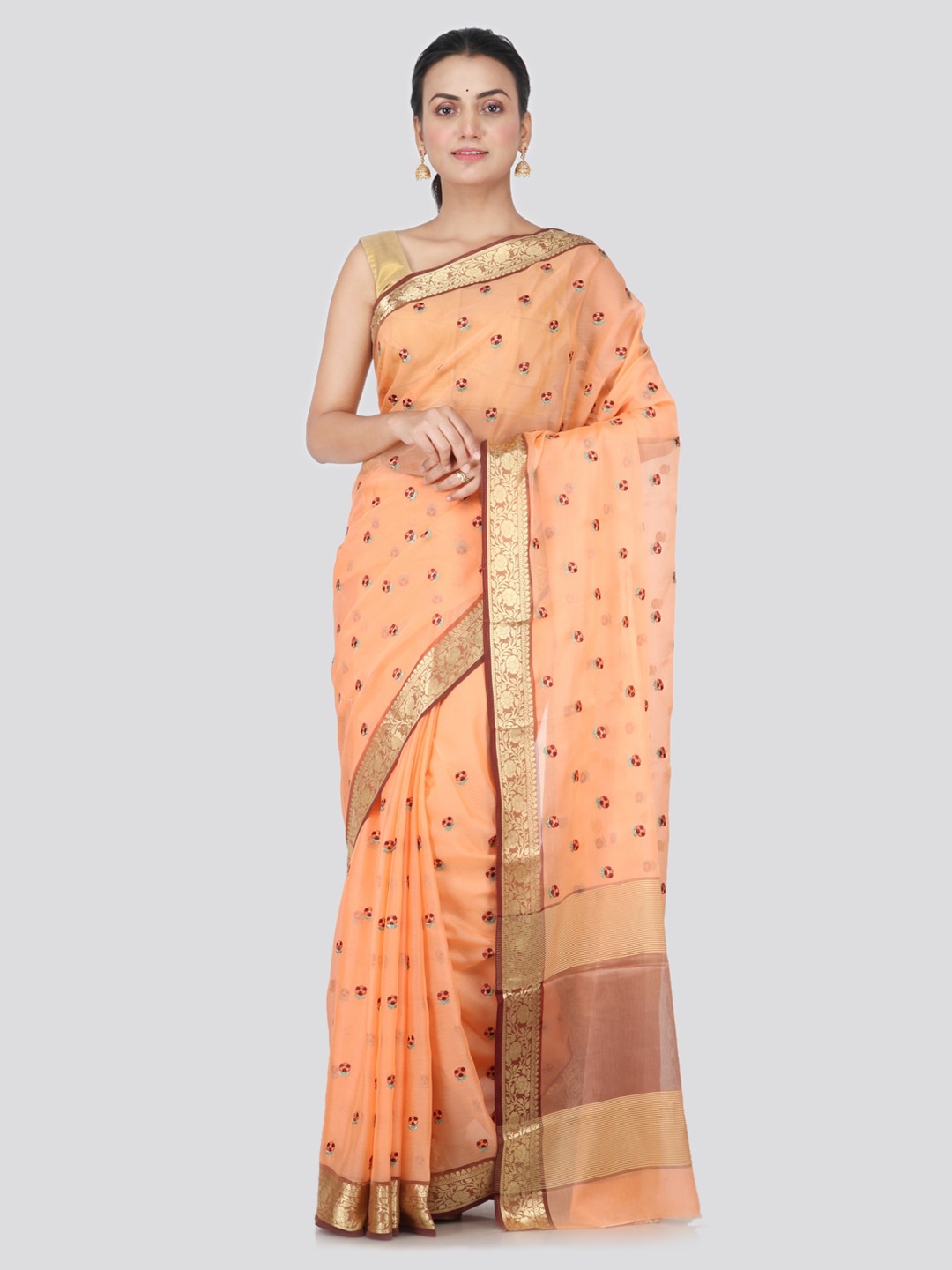 PinkLoom Peach-Coloured Woven Design Pure Chiffon Saree