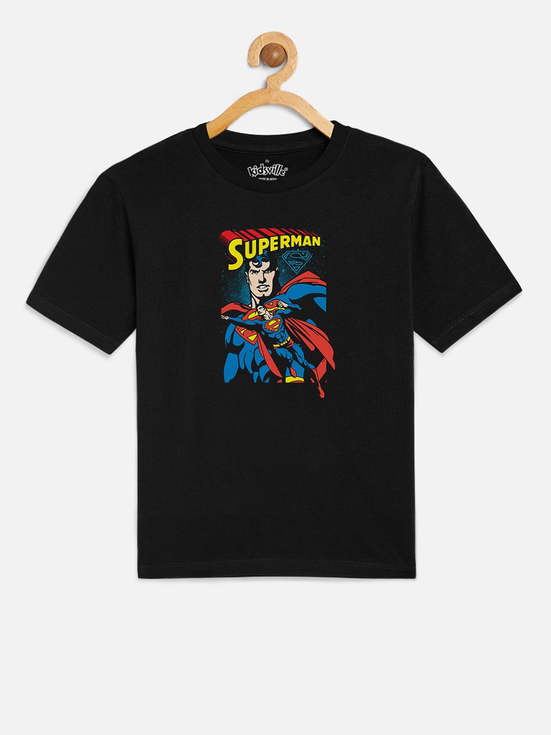 Kids Ville Boys Black Superman Printed Round Neck Pure Cotton T-shirt