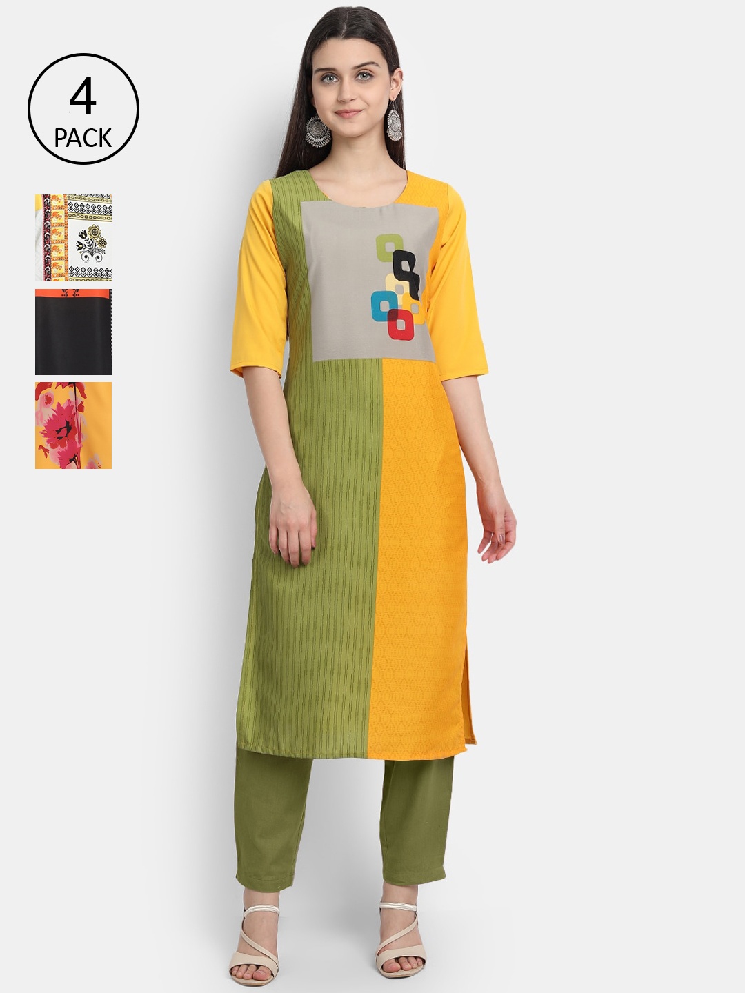 Ethnic basket Women Pack Of 4 Printed Crepe Kurtas, Multi