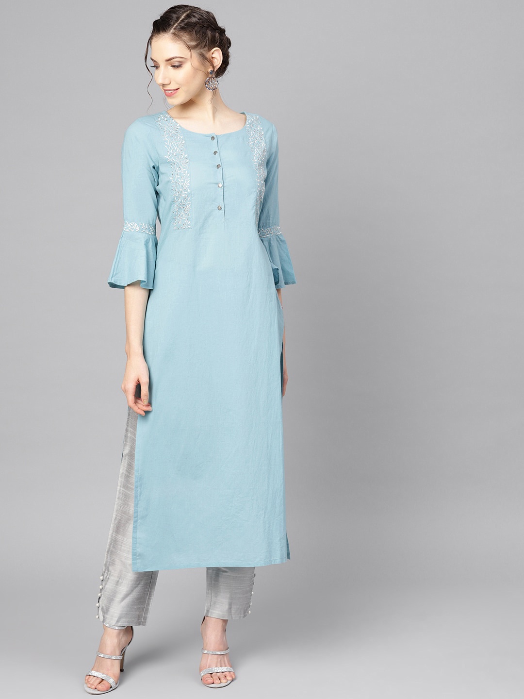 Varanga Women Blue Regular Straight Keyhole Neck Kurta & Trousers