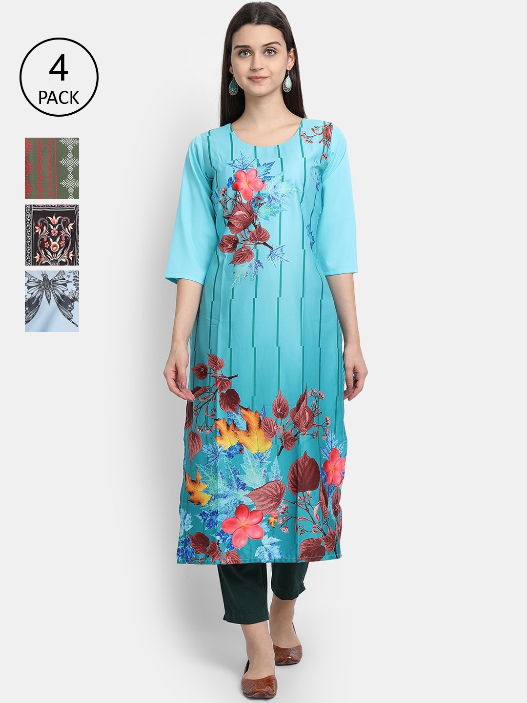 Ethnic basket Women Pack Of 4 Printed Crepe Kurta, Blue