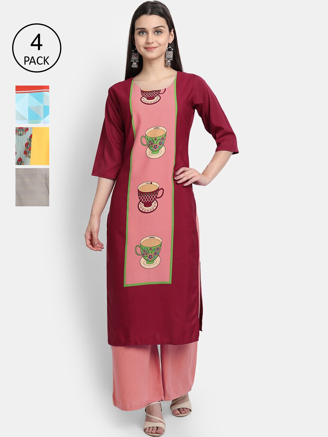Ethnic basket Women Pack Of 4 Printed Crepe Kurta, Maroon