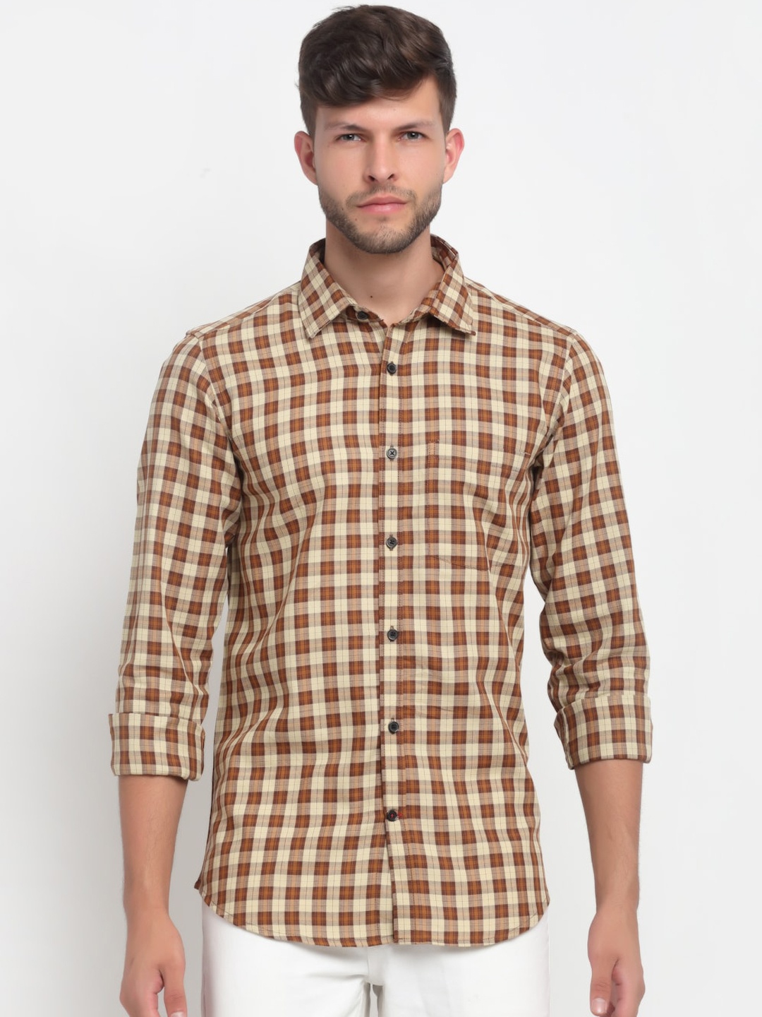 Cross Court Men Brown Regular Fit Checked Pure Cotton Casual Shirt