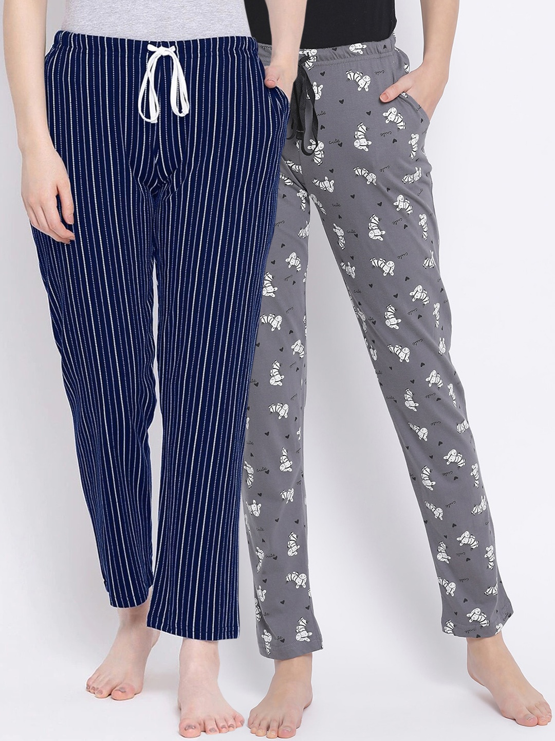 Kanvin Women Pack Of 2 Printed Pure Cotton Lounge Pants, Blue