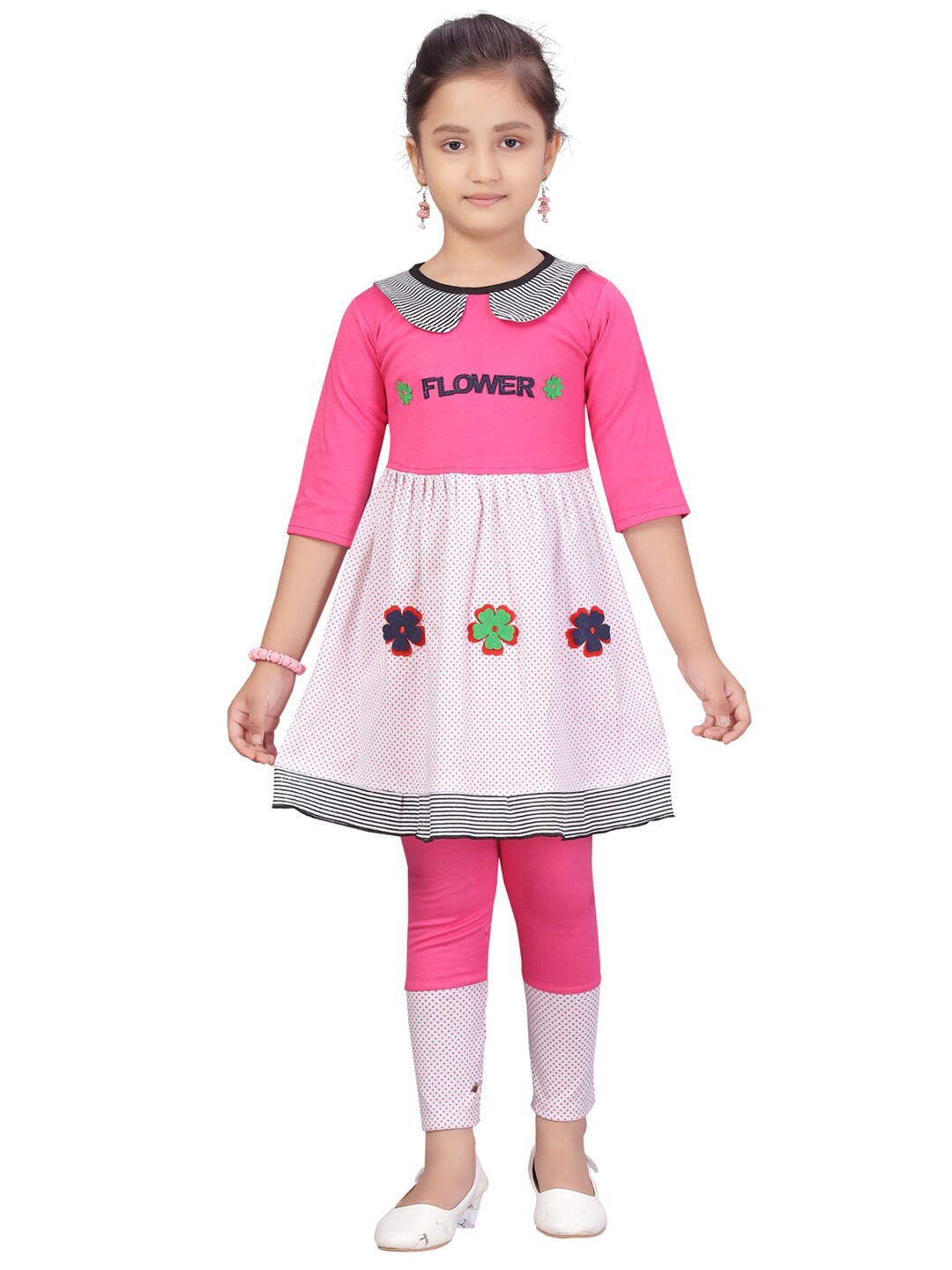 Aarika Girls Pink & White Printed Top with Leggings