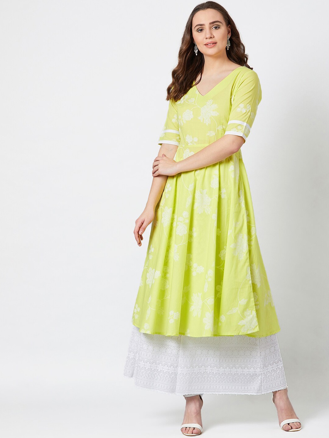 PANIT Women Lime Green Floral Printed Anarkali Kurta