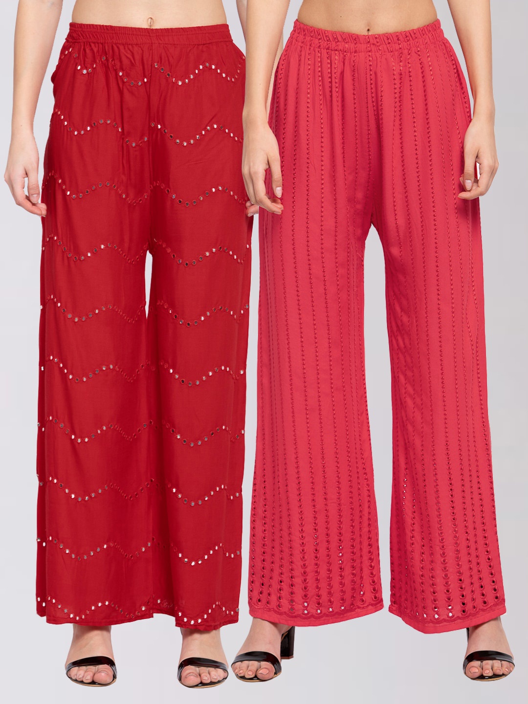 KLOTTHE Women Pack Of 2 Red & Pink Embellished Wide Leg Palazzos