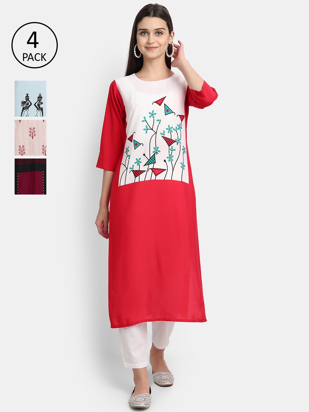 Ethnic basket Pack of 4 Women Multicoloured Ethnic Motifs Printed Crepe Kurta, Multi
Ethnic basket Pack of 4 Women Multicoloured Ethnic Motifs Printed Crepe Kurta, Multi