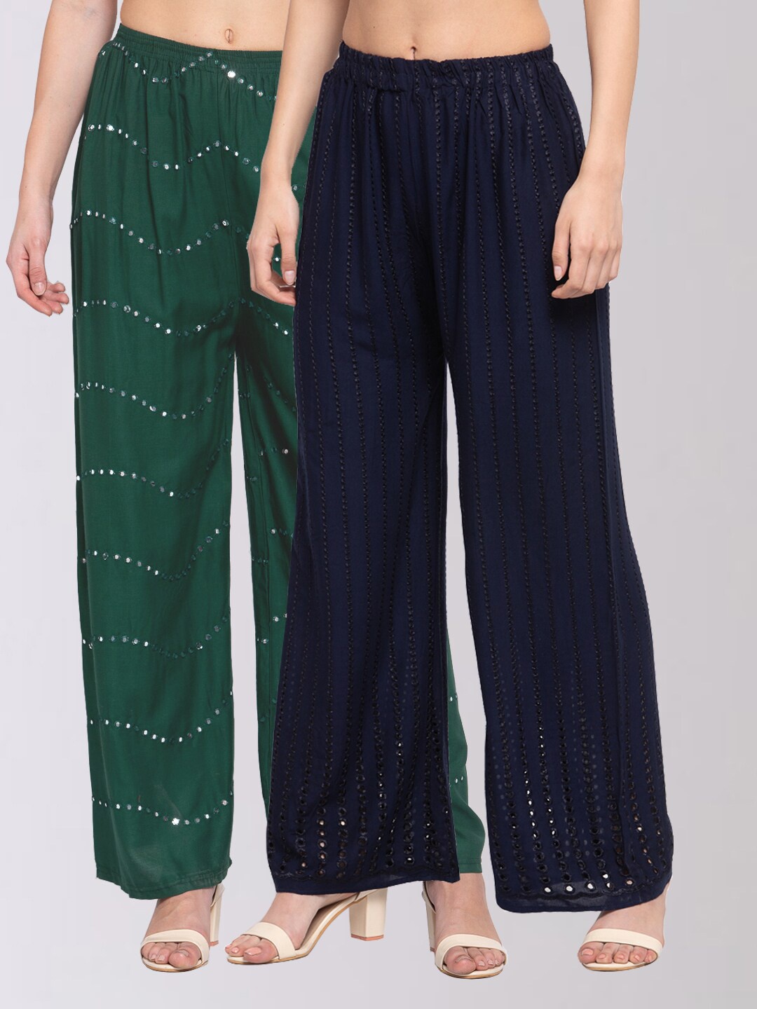 KLOTTHE Pack of 2 Women Navy Blue & Green Striped Wide Leg Palazzos