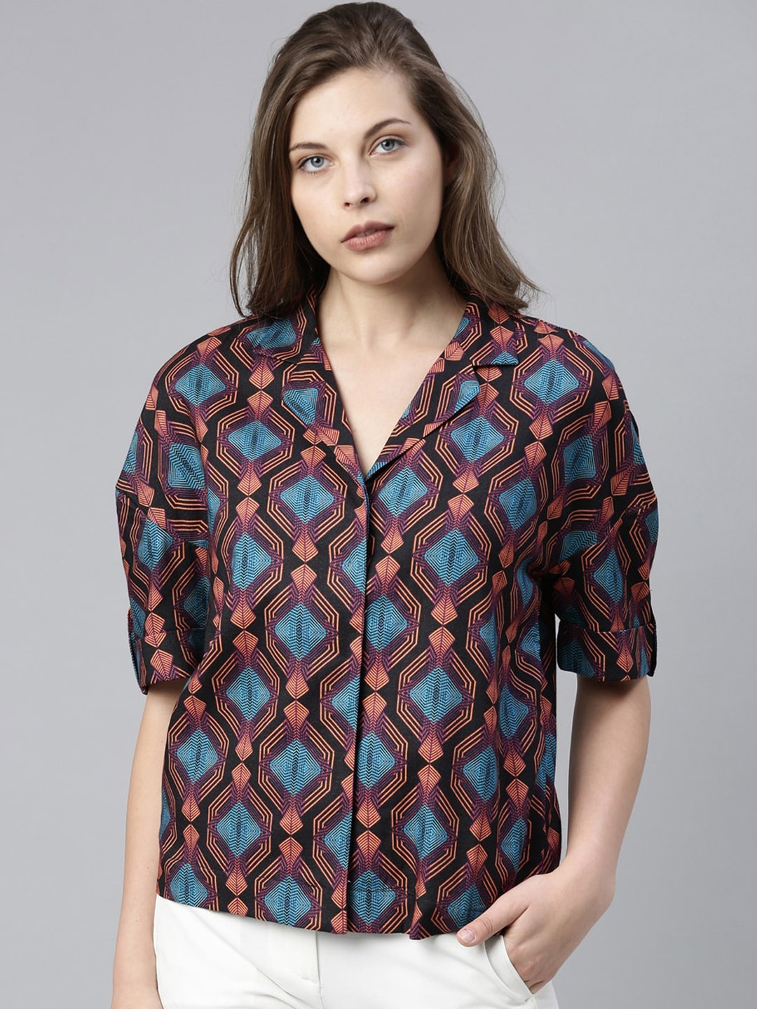 RAREISM Women Black Geometric Printed Shirt Style Top