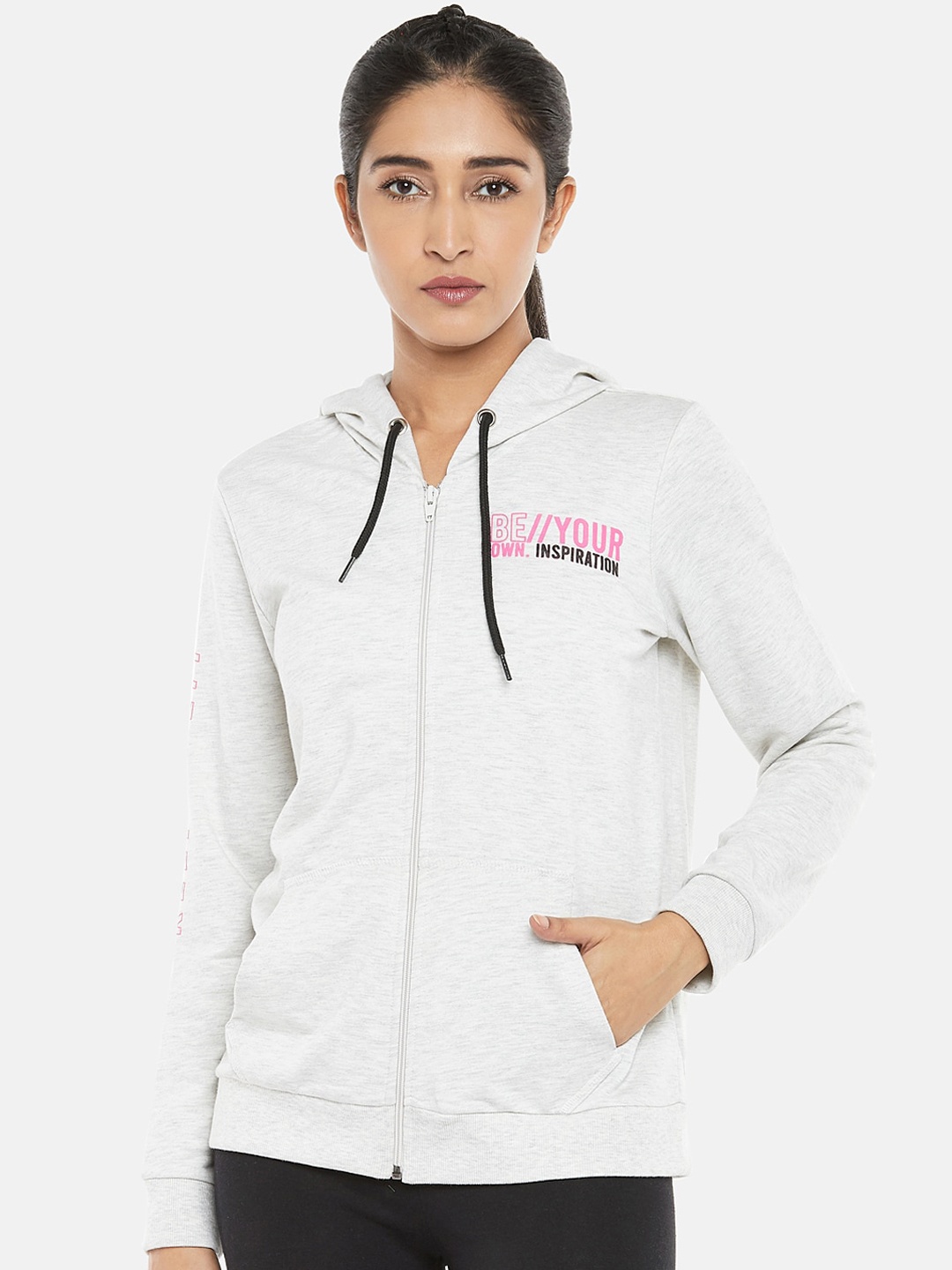 Ajile by Pantaloons Women Grey Melange Solid Hooded Sweatshirt