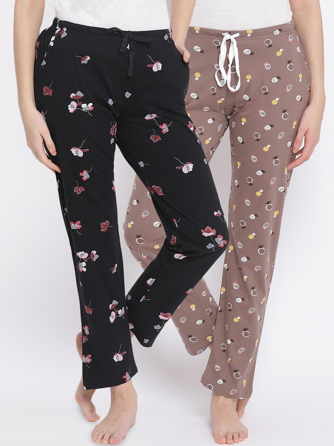 Kanvin Women Pack Of 2 Printed Pure Cotton Lounge Pants, Brown