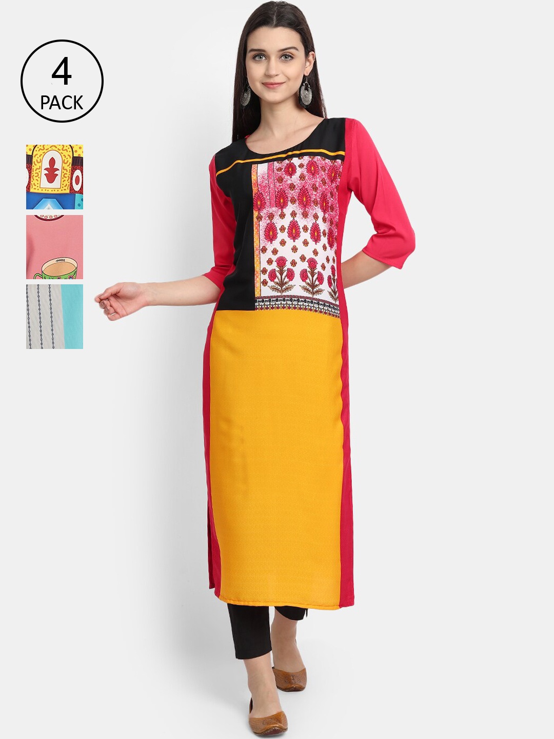 Ethnic basket Women Pack of 4 Multicoloured Ethnic Motifs Printed Crepe Kurta, Multi
Ethnic basket Women Pack of 4 Multicoloured Ethnic Motifs Printed Crepe Kurta, Multi