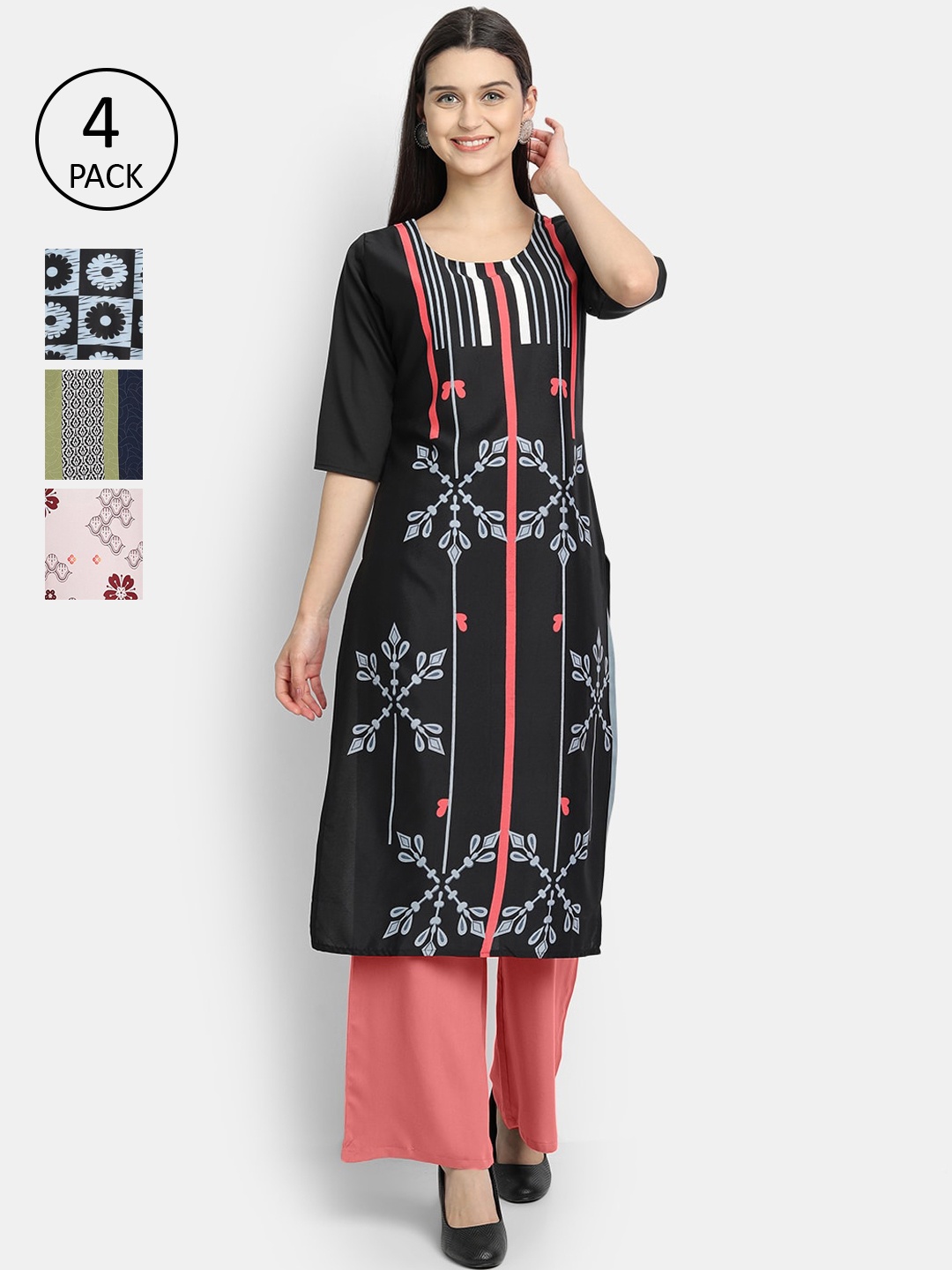 Ethnic basket Women Pack Of 4 Multicoloured Geometric Printed Crepe Kurta, Multi