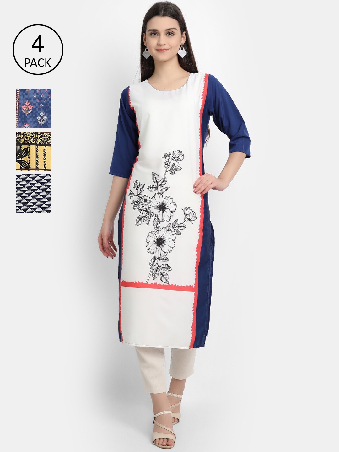 Ethnic basket Women Pack of 4 Multicoloured Ethnic Motifs Printed Crepe Kurta, Multi