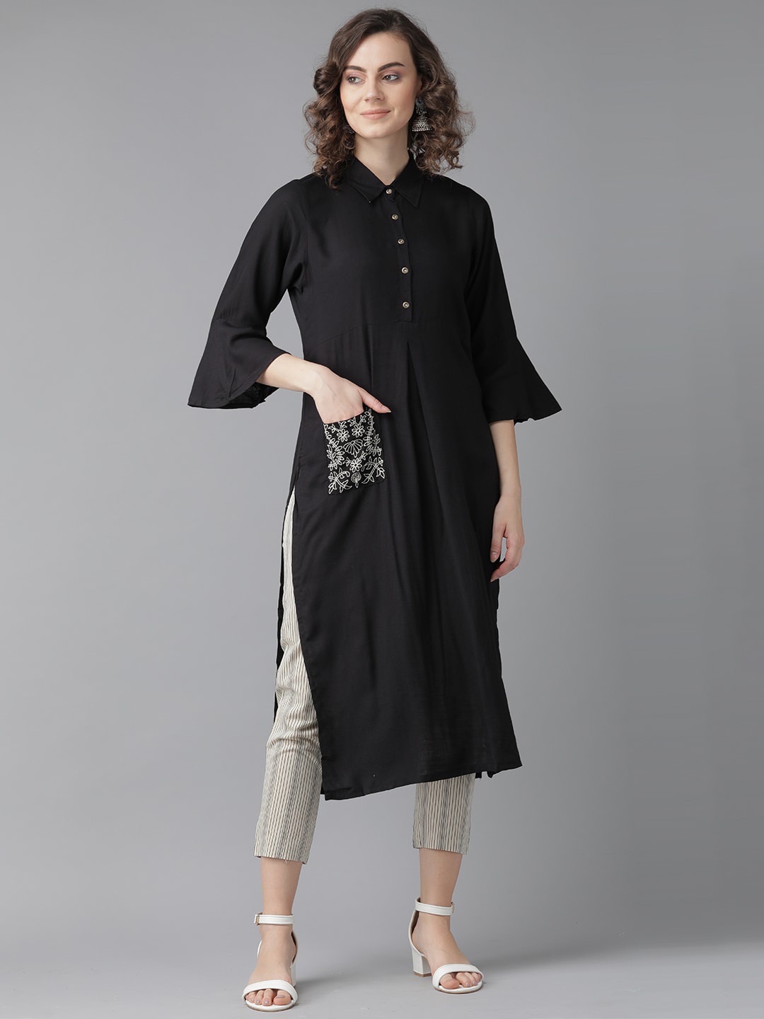 Indo Era Women Black Flared Sleeves Kurta