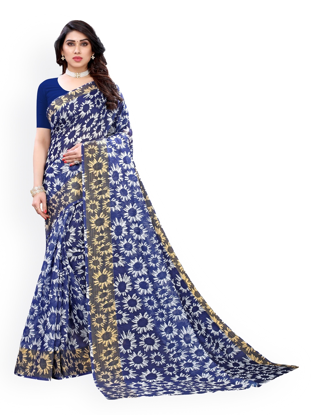 KALINI Navy Blue Printed Polycotton Saree