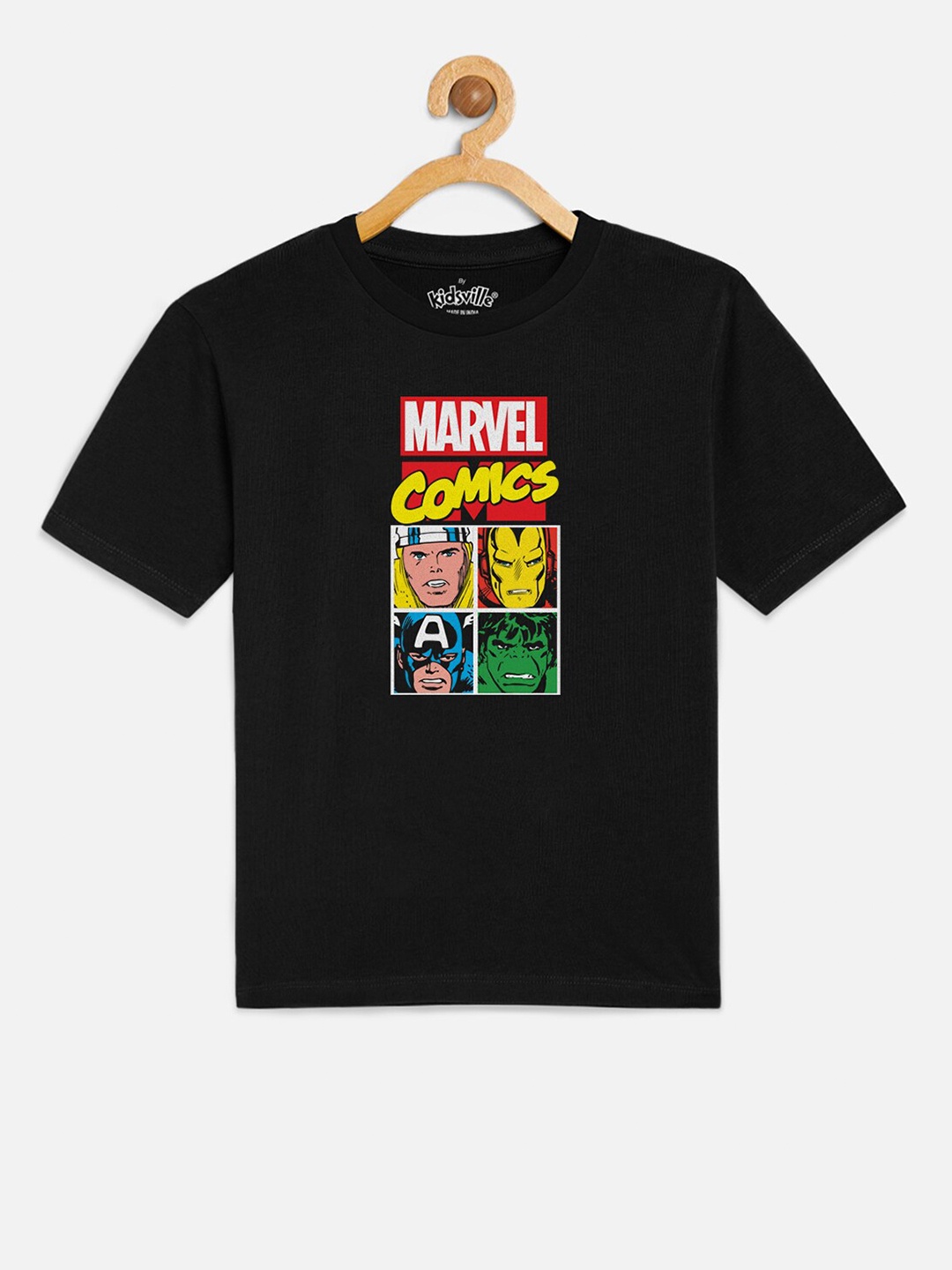 Kids Ville Boys Black Marvel Comics Printed Round Neck Pure Cotton T-shirt
