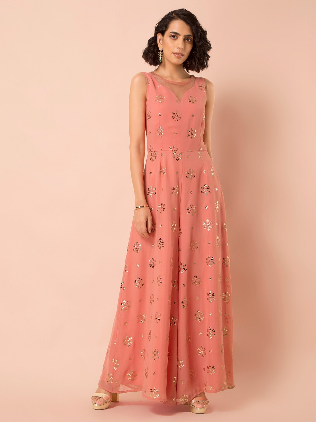 INDYA Women Coral Pink & Gold-Toned Foil Sheer Neck Flared Jumpsuit