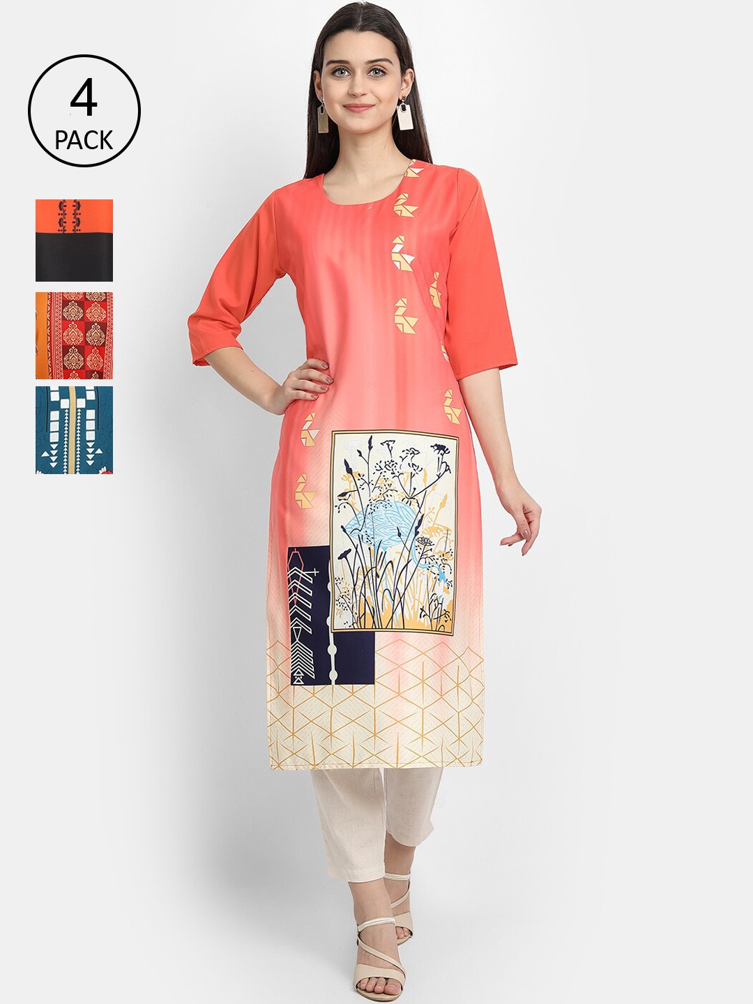 Ethnic basket Pack of 4 Women Multicoloured Ethnic Motifs Printed Crepe Kurta, Multi
Ethnic basket Pack of 4 Women Multicoloured Ethnic Motifs Printed Crepe Kurta, Multi