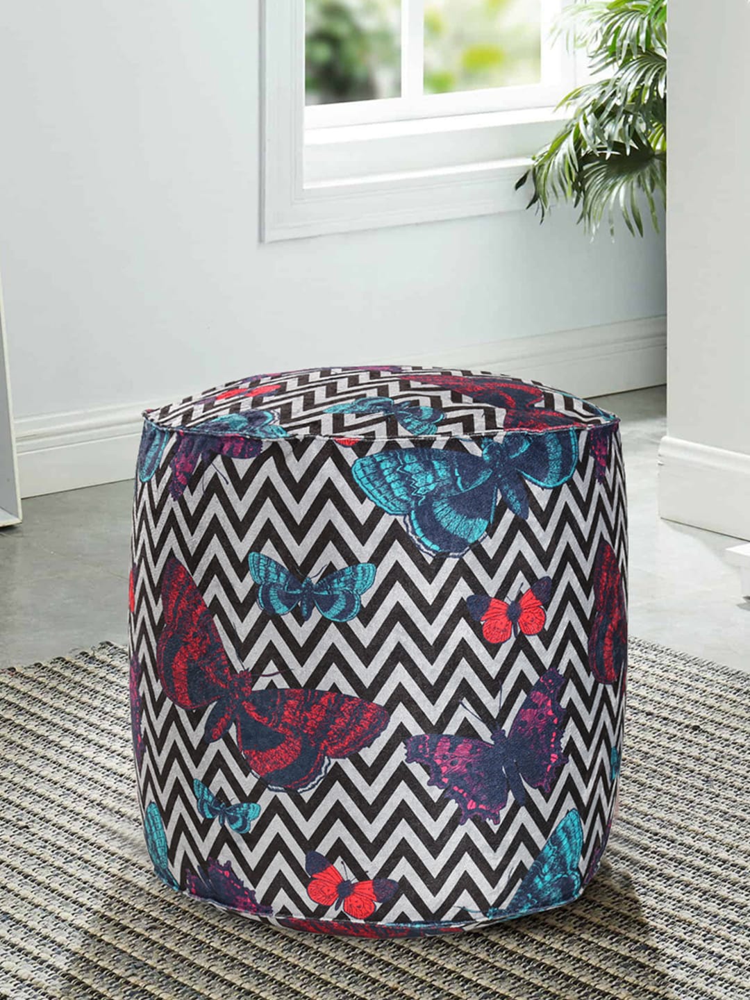 India Circus by Krsnaa Mehta Grey & Blue Monarch On Chevron Cylindrical Pouffe