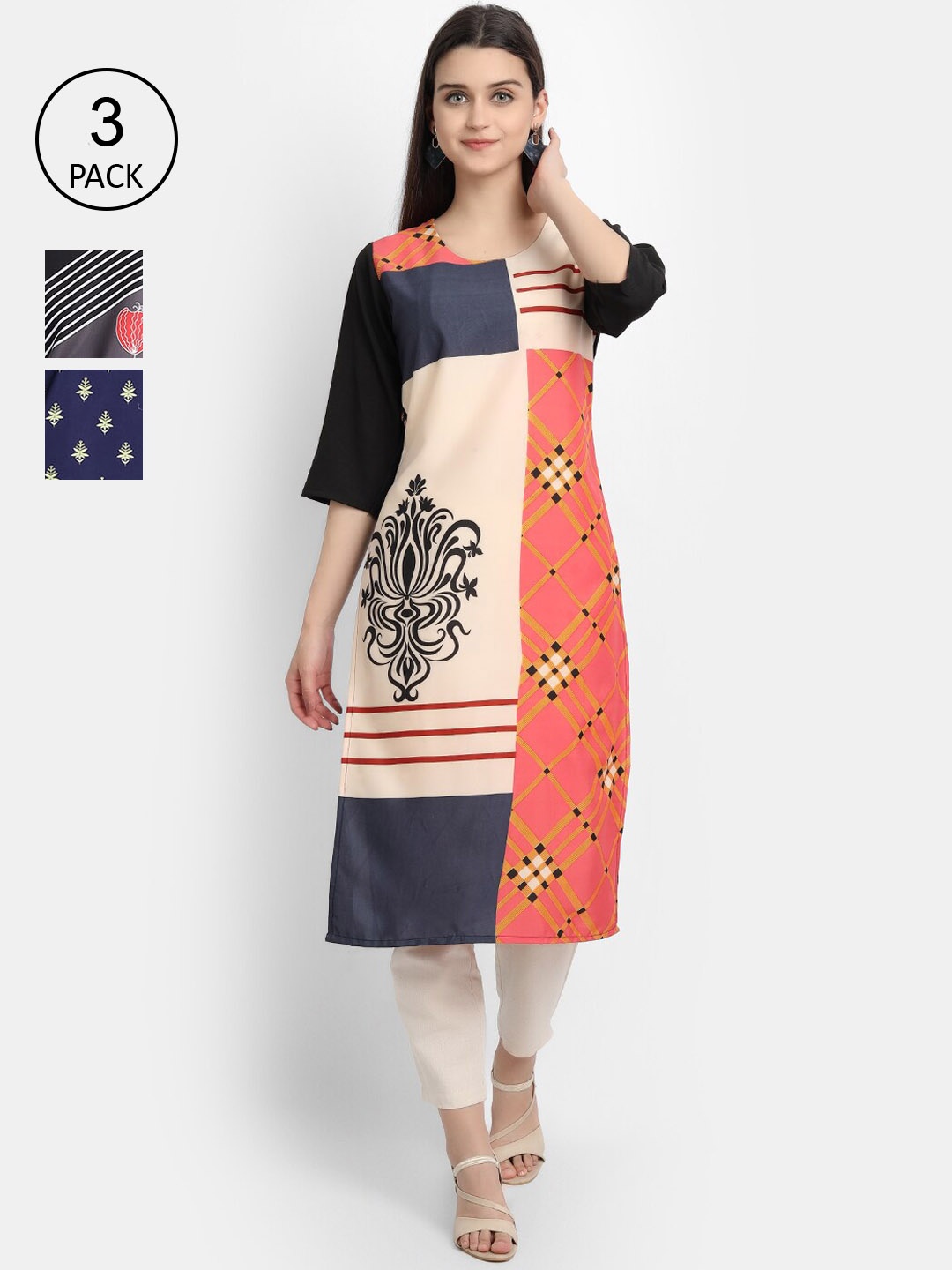 Ethnic basket Women Pack Of 3 Multicoloured Quirky Printed Crepe Kurta, Multi