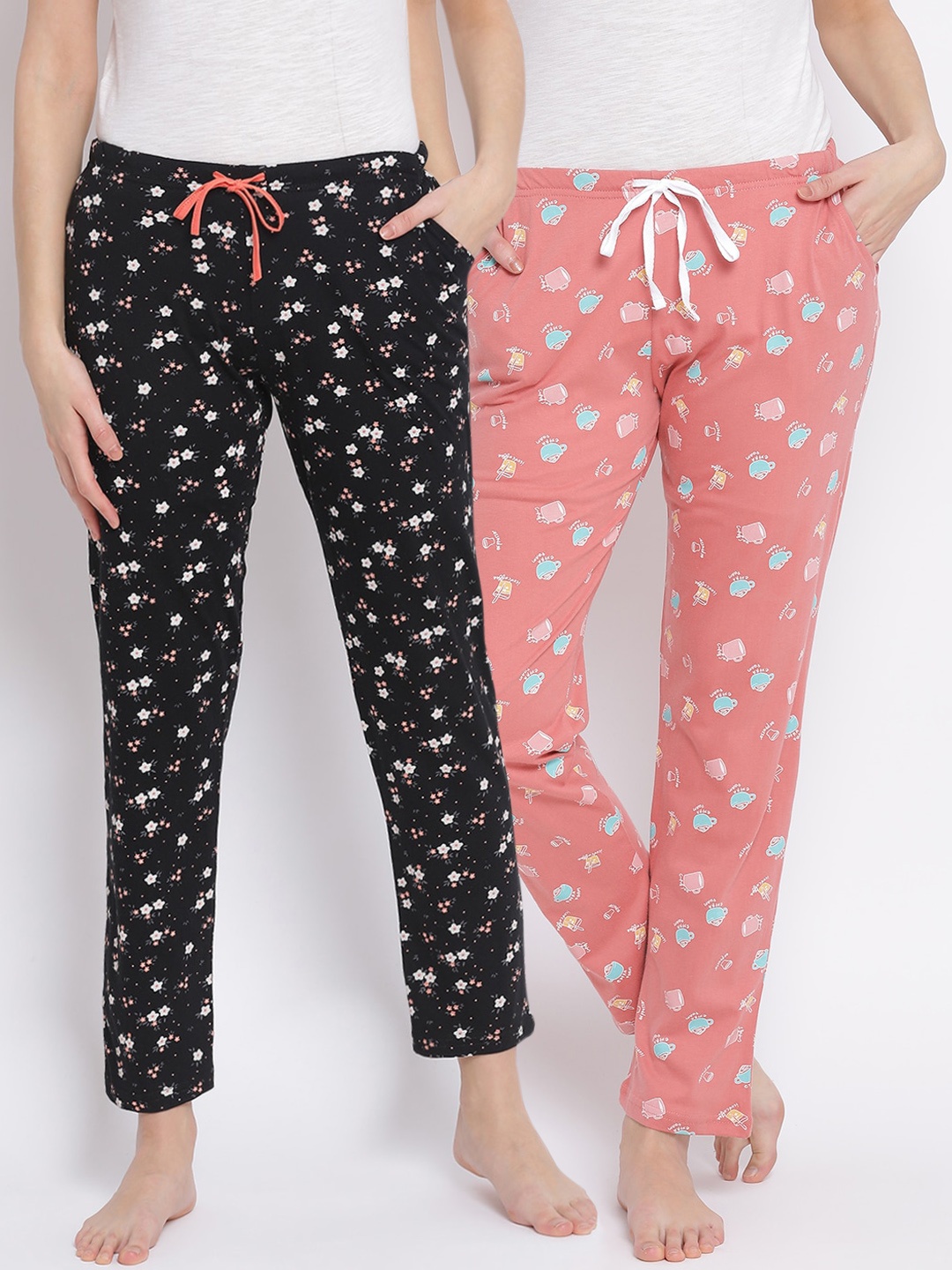 Kanvin Women Black & Orange Pack of 2 Printed Lounge Pants