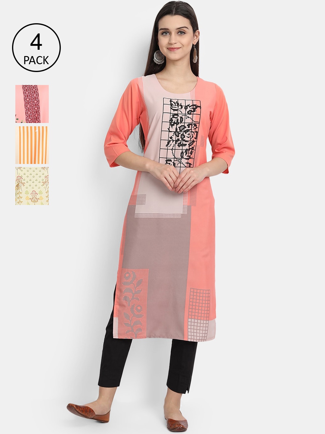 Ethnic basket Women Pack Of 4 Multicoloured Colourblocked Crepe Kurta, Multi