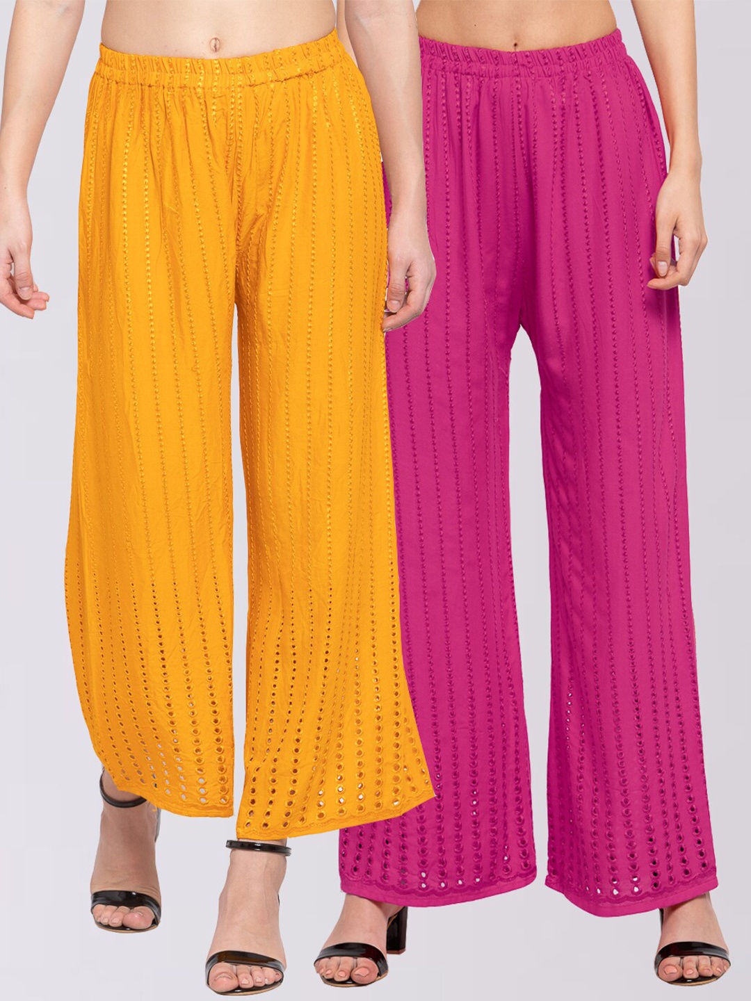 KLOTTHE Women Set of 2 Pink & Mustard Embroidered Wide Leg Palazzos