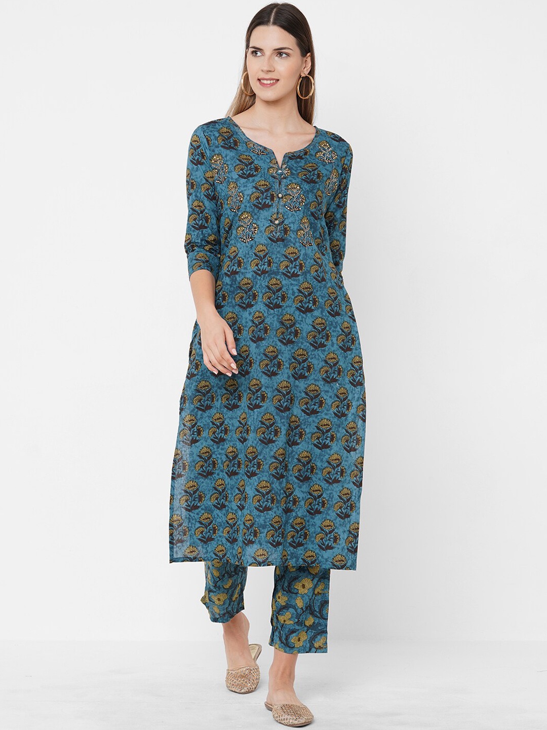 FASHOR Women Blue Block Print Pure Cotton Kurta with Trousers