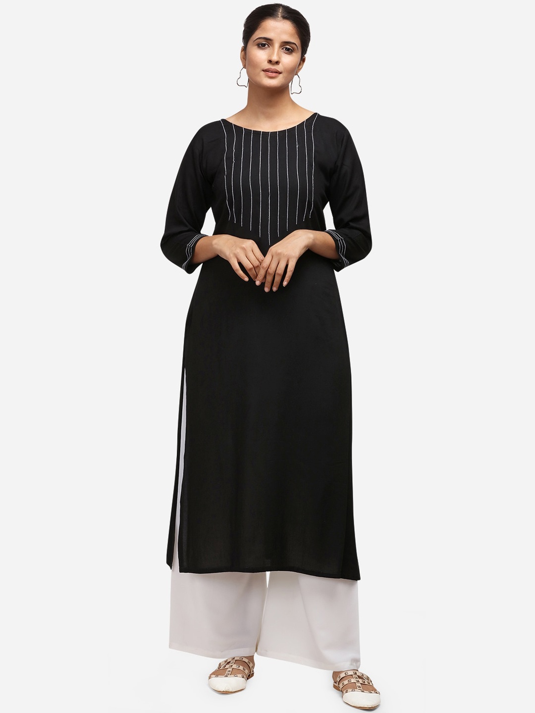 Florence Women Black & White Solid Straight Kurti & Palazzos