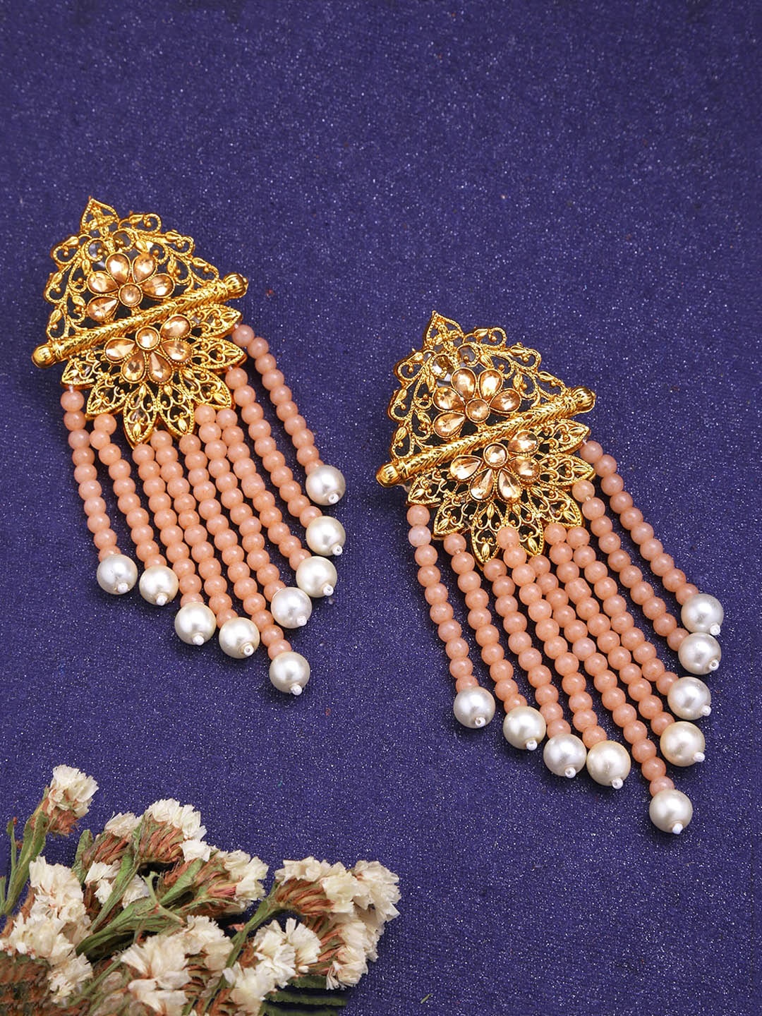 Yellow Chimes Peach-Coloured Gold-Plated Stone Studded & Beaded Tasselled Drop Earrings
Yellow Chimes Peach-Coloured Gold-Plated Stone Studded & Beaded Tasselled Drop Earrings