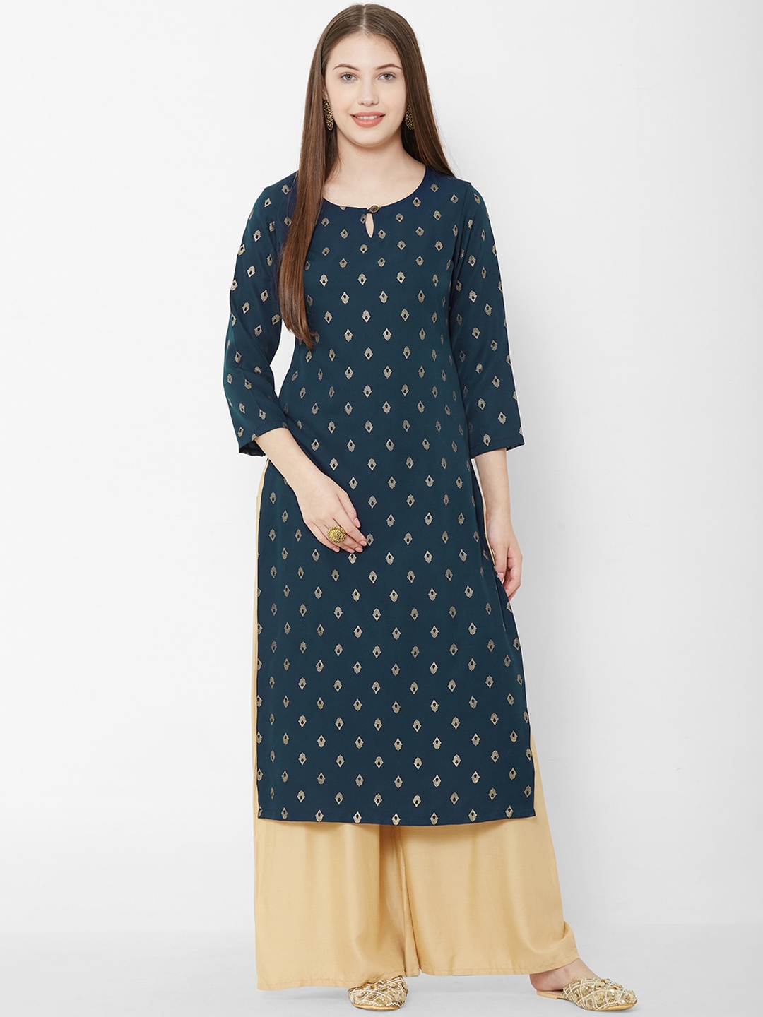 Os Women Teal Green & Gold-Toned Ethnic Motifs Foil Printed Keyhole Neck Crepe Kurta
Os Women Teal Green & Gold-Toned Ethnic Motifs Foil Printed Keyhole Neck Crepe Kurta