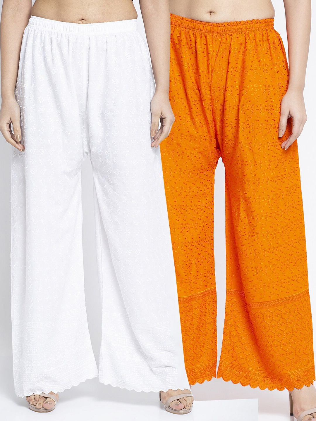 GRACIT Women Pack Of 2 White & Orange Embroidered Wide Leg Palazzos