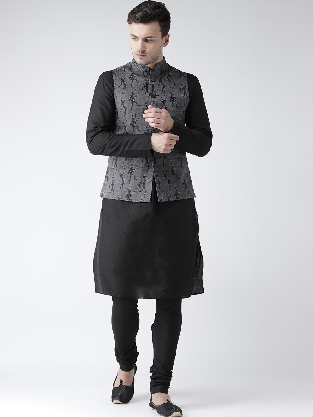 KISAH Men Black Straight Kurta & Churidar With Jacket