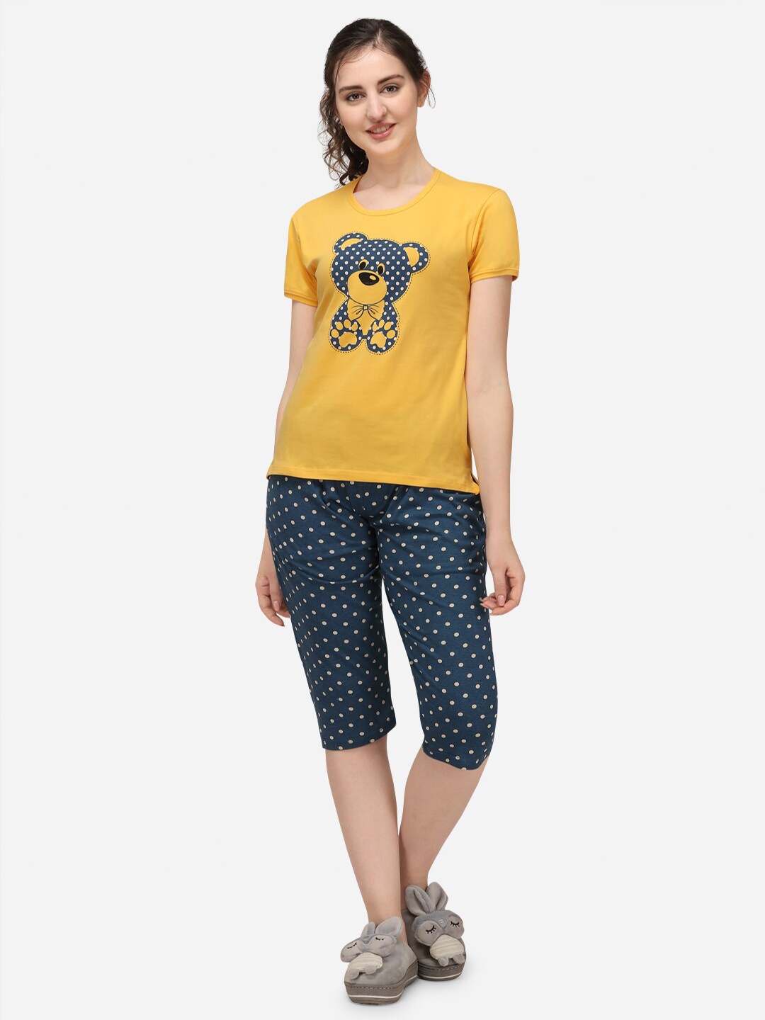 Lenissa Women Mustard & Blue Printed Night suit