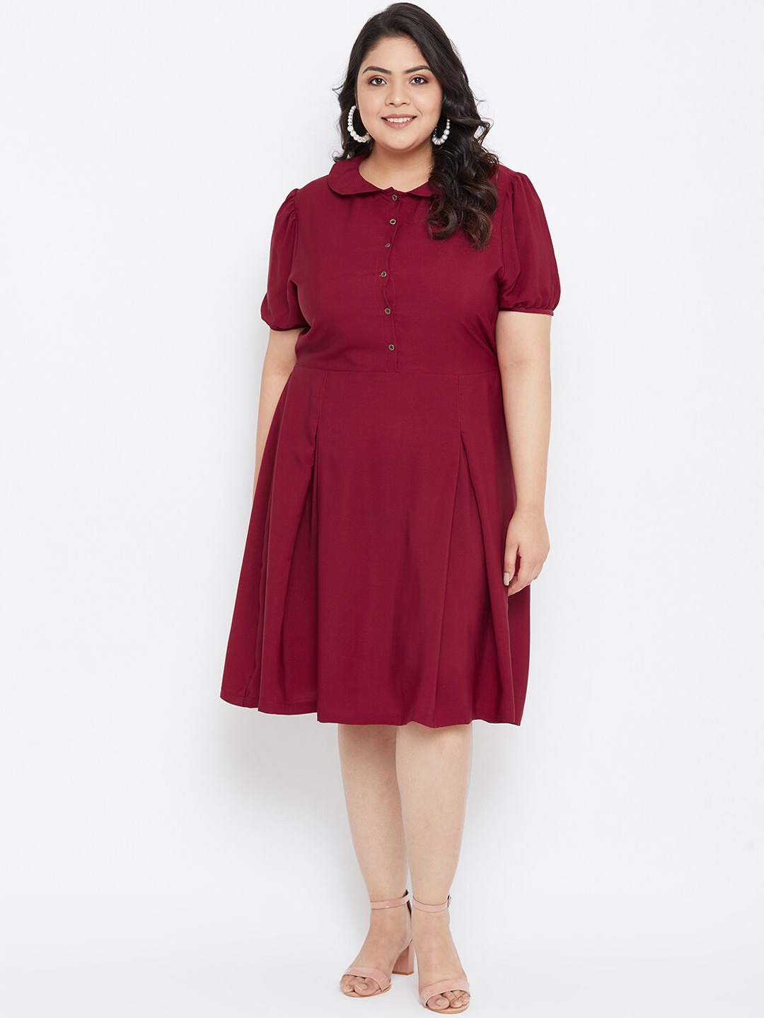 Uptownie Lite Women Plus Size Maroon Peter Pan Collar A-Line Dress