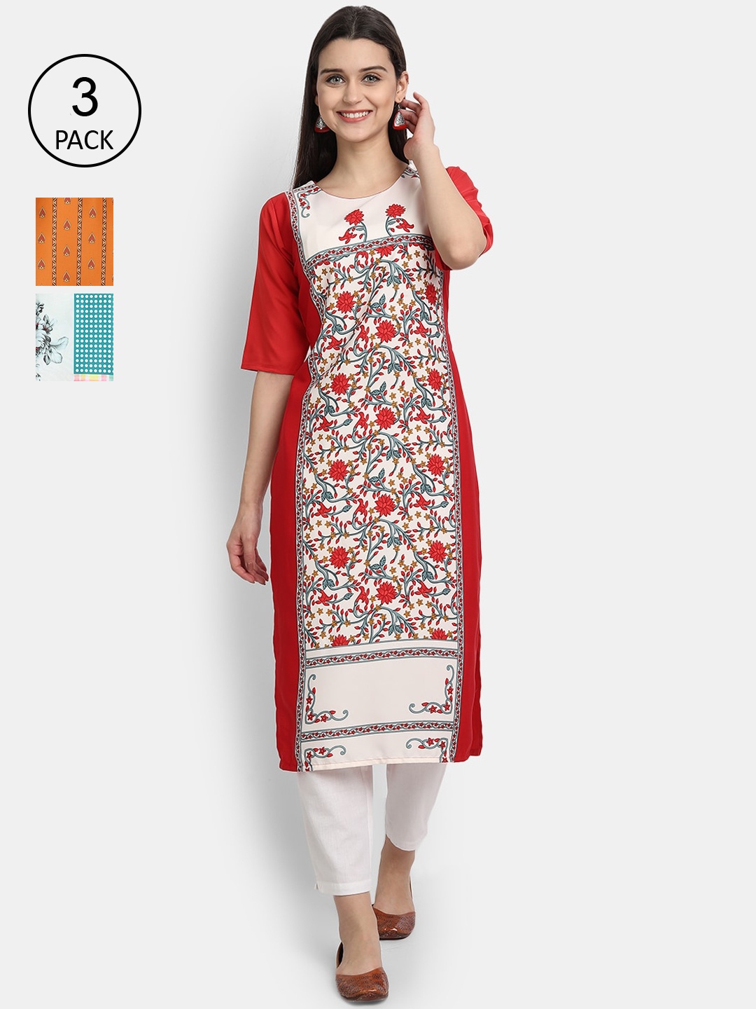 Ethnic basket Women Pack Of 3 Multicoloured Floral Printed Crepe Kurtas, Multi