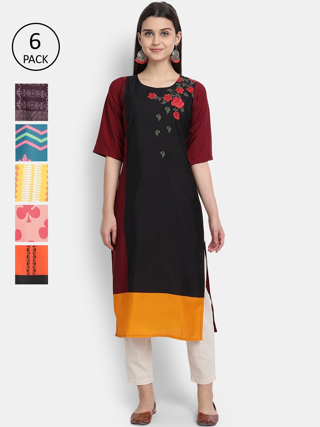 Ethnic basket Pack of 6 Women Multicoloured Ethnic Motifs Printed Crepe Kurta, Multi