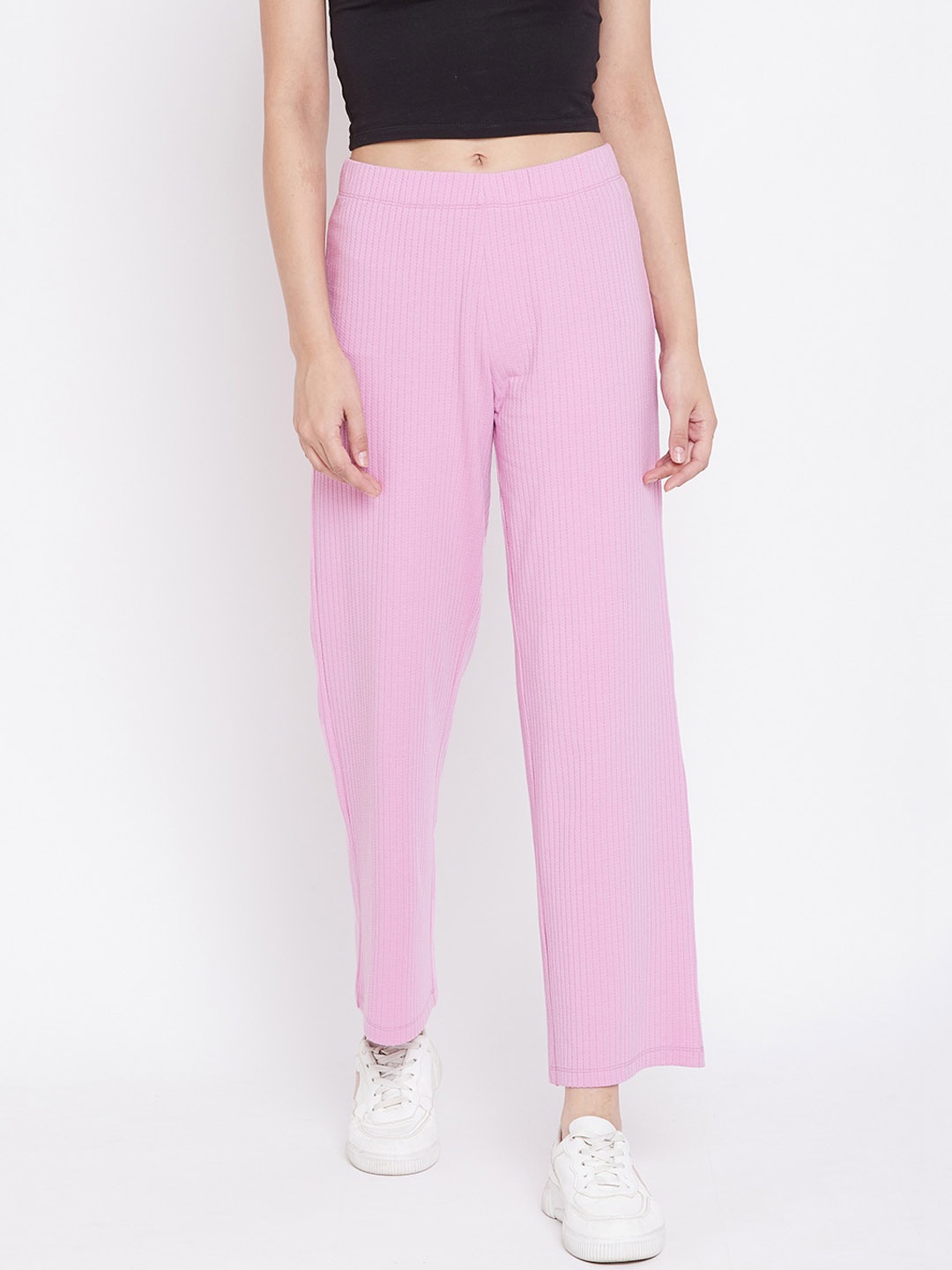 Madame Women Pink Striped Cotton Track Pants