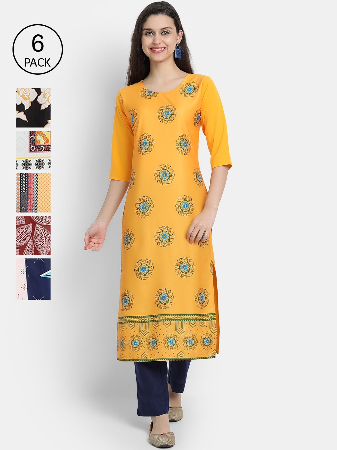 Ethnic basket Women Pack of 6 Printed Crepe Kurta, Yellow