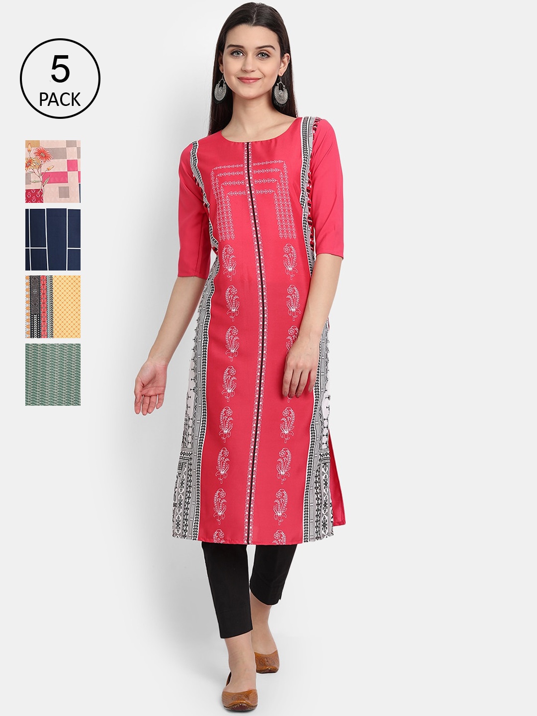 Ethnic basket Women Pack of 5 Printed Crepe Kurta, Pink